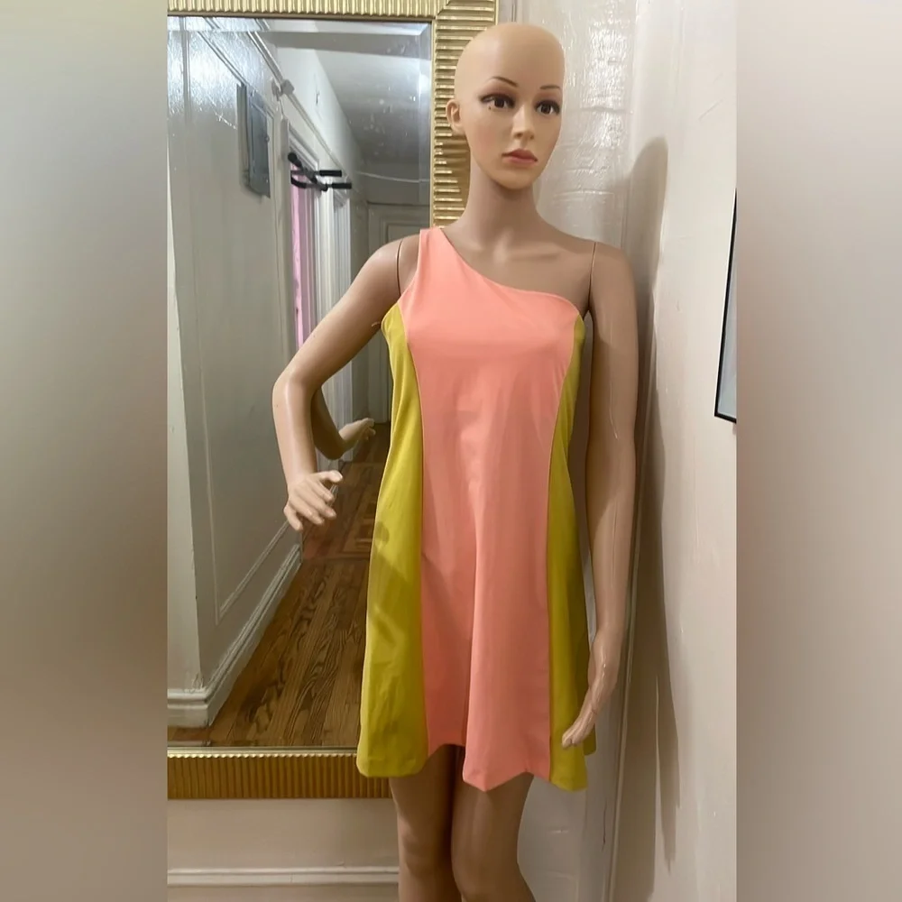 Outdoor Voices Pink and Yellow One Shoulder A-Line Dress